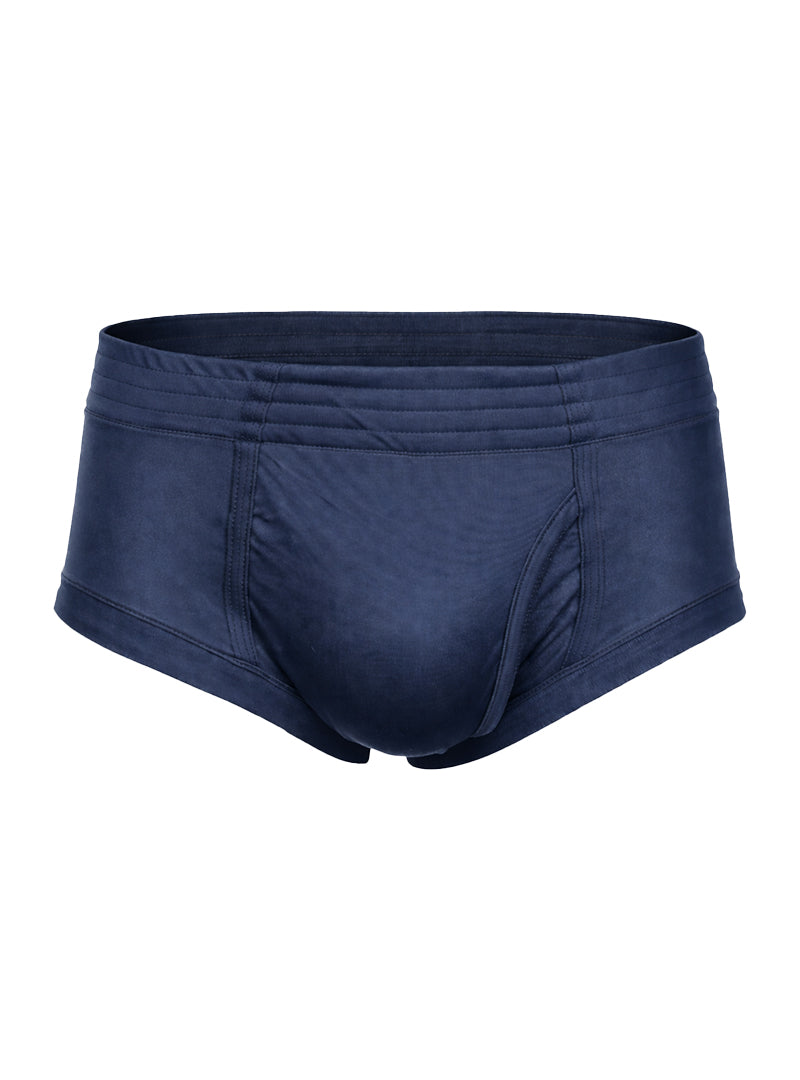 Navy blue nylon tricot brief with left side fly featuring smooth stretchy fabric and subtle seam detailing