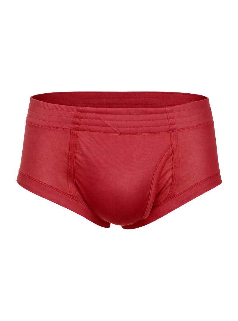 Red men’s nylon tricot brief with smooth satin fabric and elastic waistband featuring left side fly