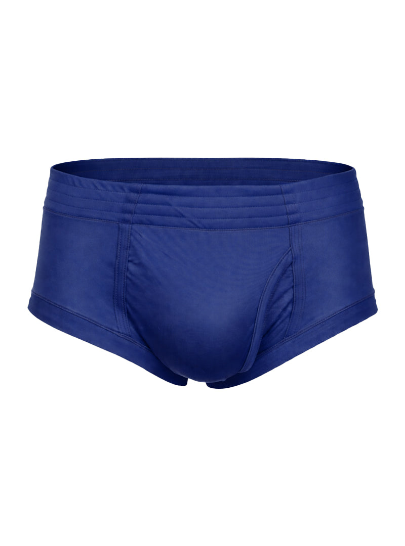 Royal blue nylon tricot brief swim trunks with smooth stretchy fabric and subtle seam detailing left side fly