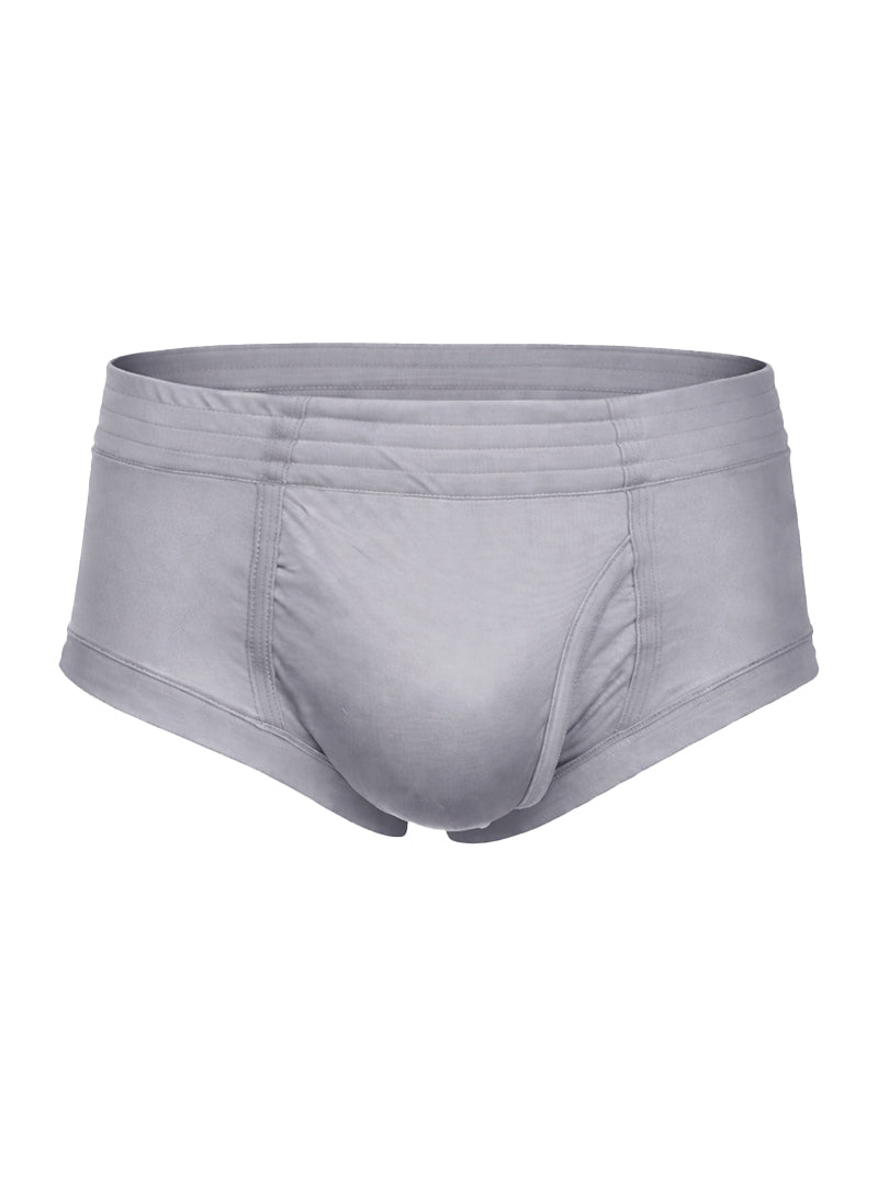 Gray men’s nylon tricot briefs with smooth stretchy fabric and contoured design showing left side fly