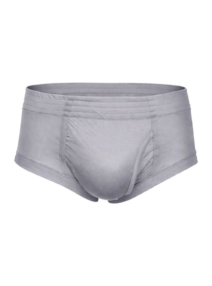 Gray men’s nylon tricot briefs with smooth stretchy fabric and contoured design showing left side fly