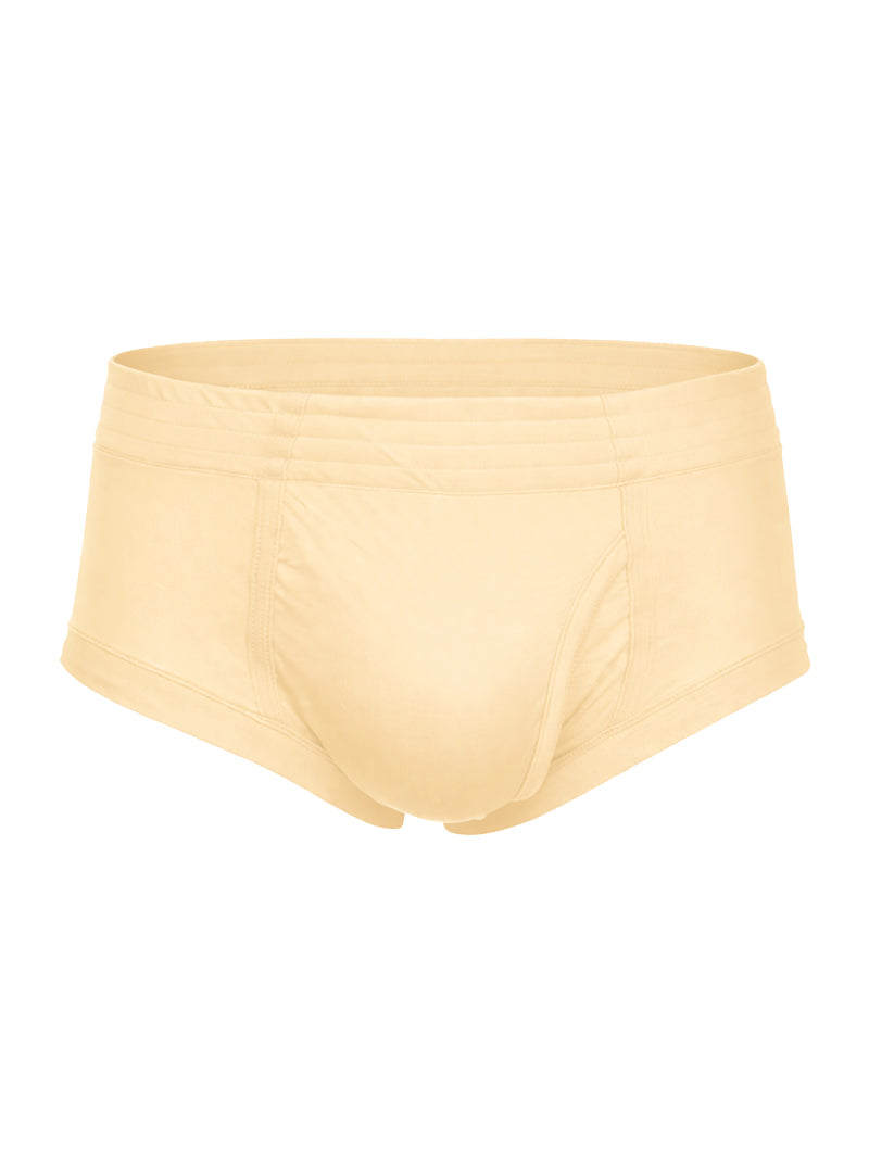 Cream-colored nylon tricot seamless briefs with soft stretch fabric and left side fly for comfortable wear