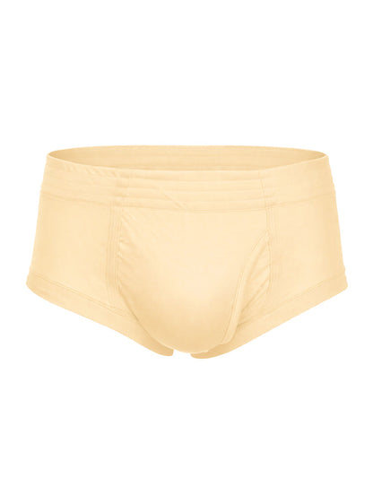 Cream-colored nylon tricot seamless briefs with soft stretch fabric and left side fly for comfortable wear