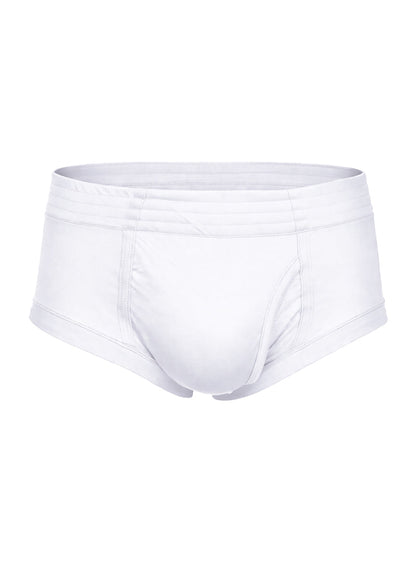 White men’s nylon tricot briefs with seamless design and elastic waistband featuring left side fly closure