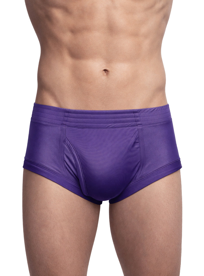 Purple men’s nylon tricot briefs with smooth shiny fabric and contoured design for comfortable support