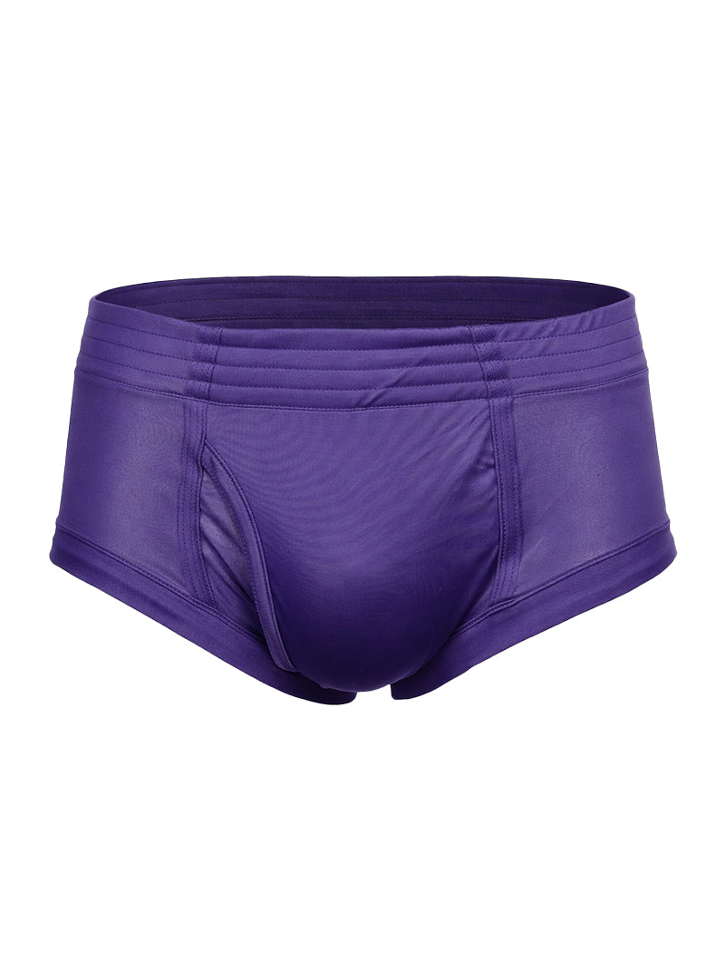 Purple satin nylon tricot brief swim trunks with smooth shiny finish and elastic waistband