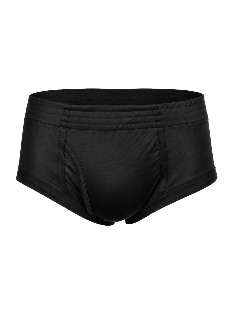Black men’s swim trunks nylon tricot brief with smooth glossy fabric and contoured design front view