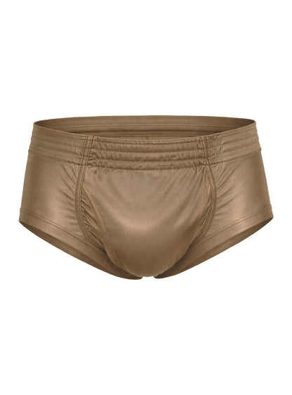 Tan metallic nylon tricot briefs with a sleek shiny finish and elastic waistband