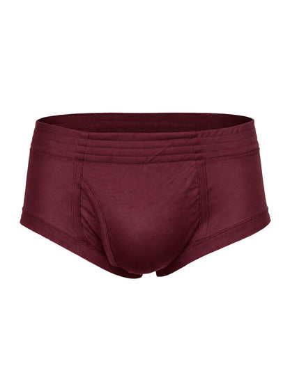 Maroon nylon tricot briefs with smooth stretchy fabric and elastic waistband shown from the back side