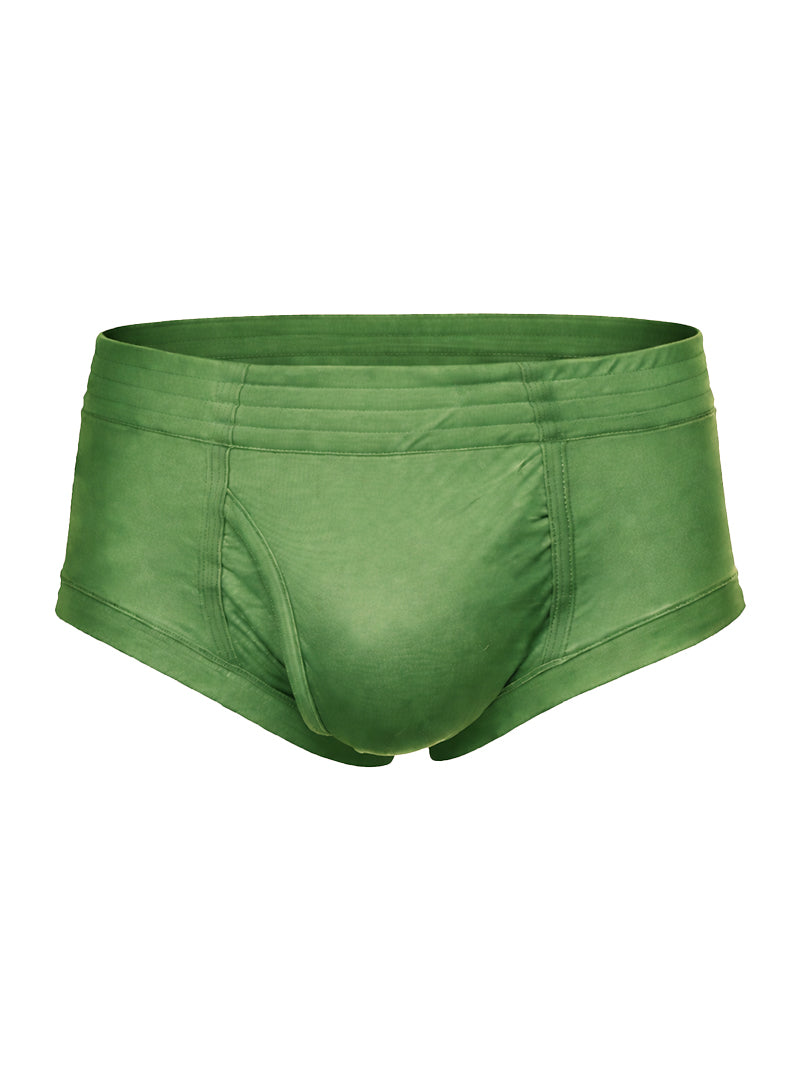 Solid olive green nylon tricot briefs with smooth satin-like fabric and subtle seam detailing