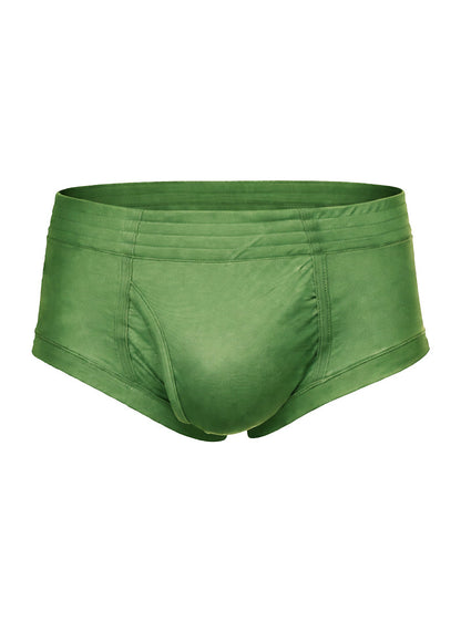 Solid olive green nylon tricot briefs with smooth satin-like fabric and subtle seam detailing