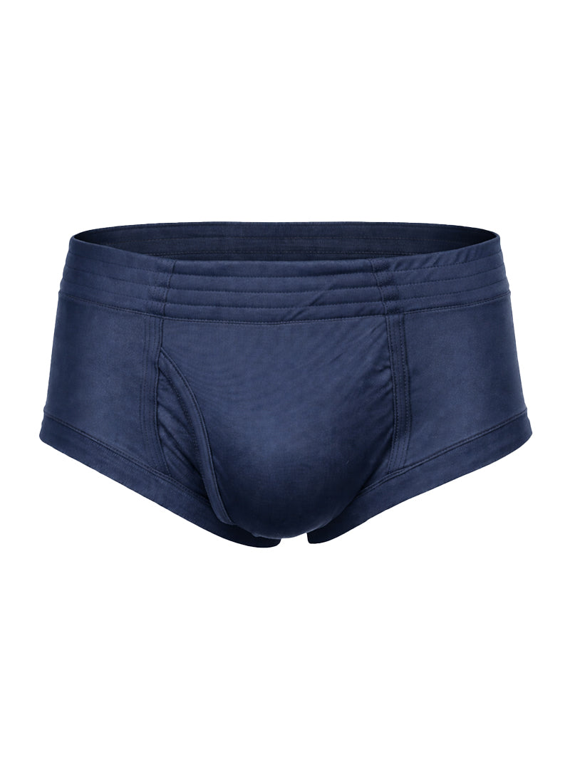 Navy blue nylon tricot brief for men with smooth stretchy fabric and a contoured design for comfort