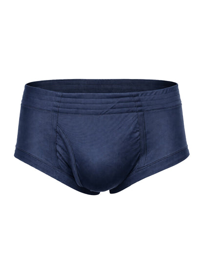 Navy blue nylon tricot brief for men with smooth stretchy fabric and a contoured design for comfort