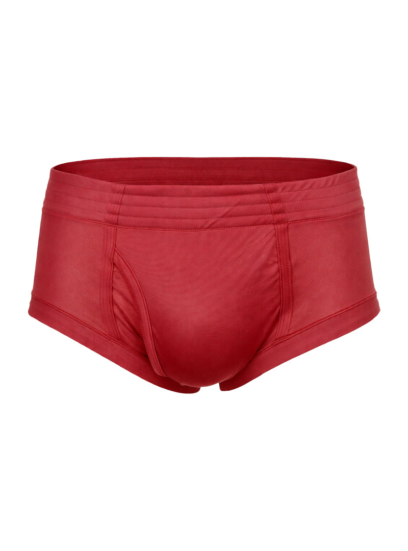 Red satin nylon tricot brief with smooth glossy finish and subtle horizontal stitching along the waistband