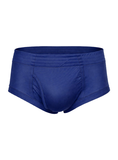 Royal blue nylon tricot brief swim trunks with smooth stretchy fabric and contoured design for comfortable wear