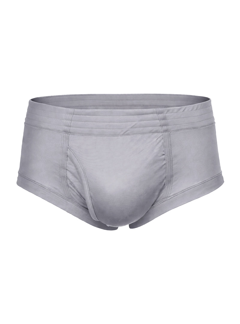 Gray men’s nylon tricot briefs with smooth form-fitting fabric and subtle stitching details visible from front