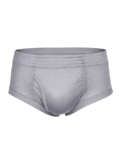 Gray men’s nylon tricot briefs with smooth form-fitting fabric and subtle stitching details visible from front