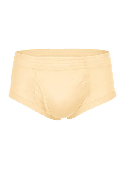 Beige nylon tricot brief with smooth seamless design and elastic waistband for comfortable everyday wear