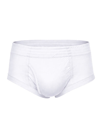 White men’s nylon tricot briefs with smooth seamless design and elastic waistband shown from the front
