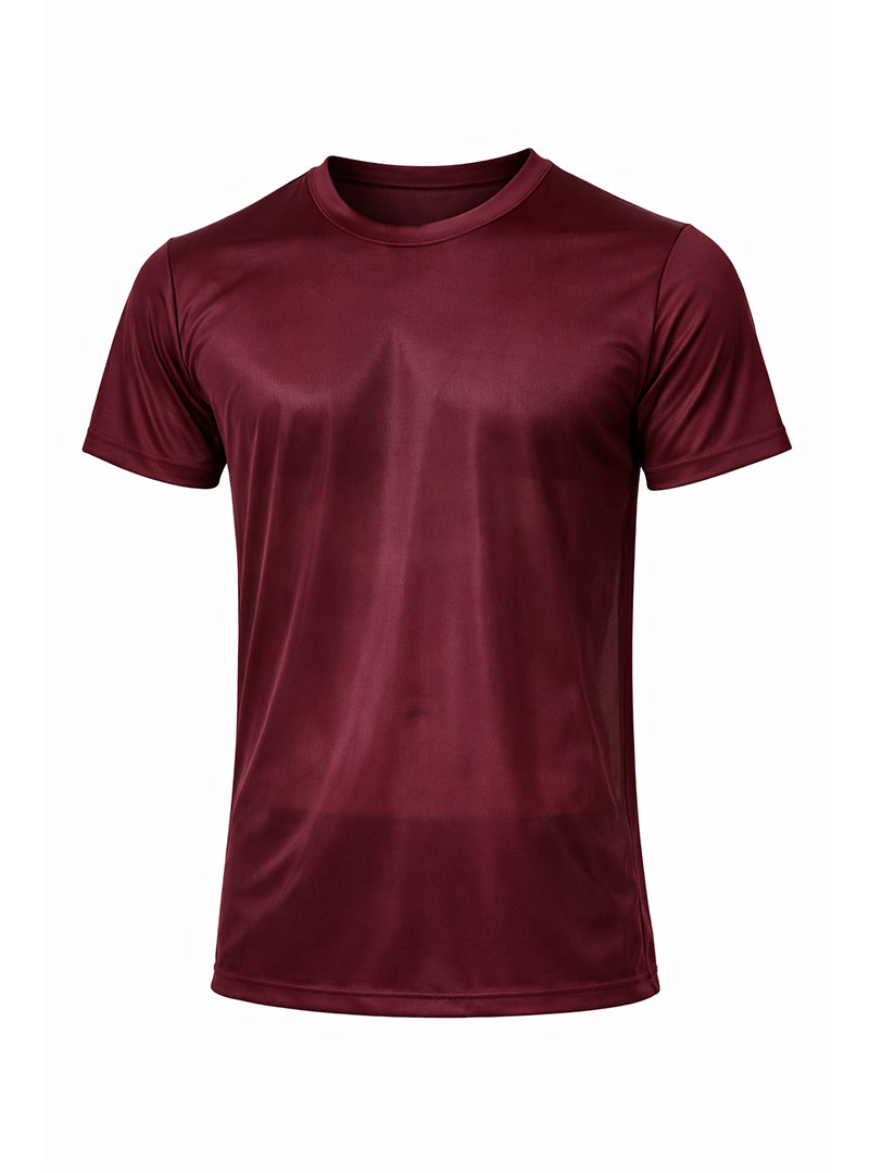 Maroon short-sleeved nylon tricot crew neck t-shirt with smooth performance fabric for athletic wear