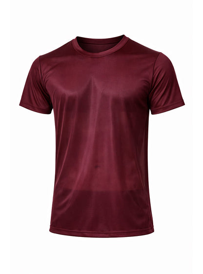 Maroon short-sleeved nylon tricot crew neck t-shirt with smooth performance fabric for athletic wear