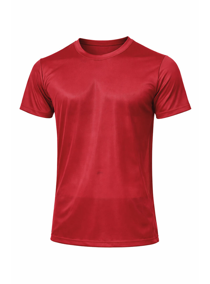 Red nylon tricot crew neck t-shirt with short sleeves and smooth performance fabric for athletic use