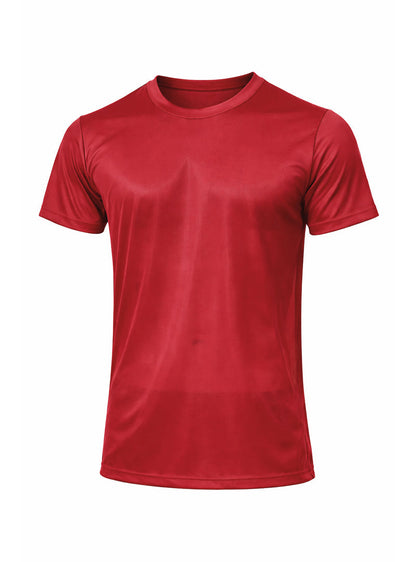 Red nylon tricot crew neck t-shirt with short sleeves and smooth performance fabric for athletic use