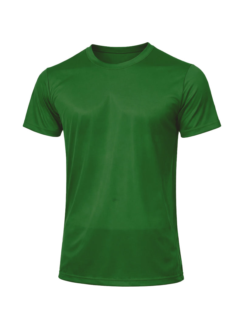 Solid green short-sleeved crew neck t-shirt made of nylon tricot showcasing a smooth lightweight fabric
