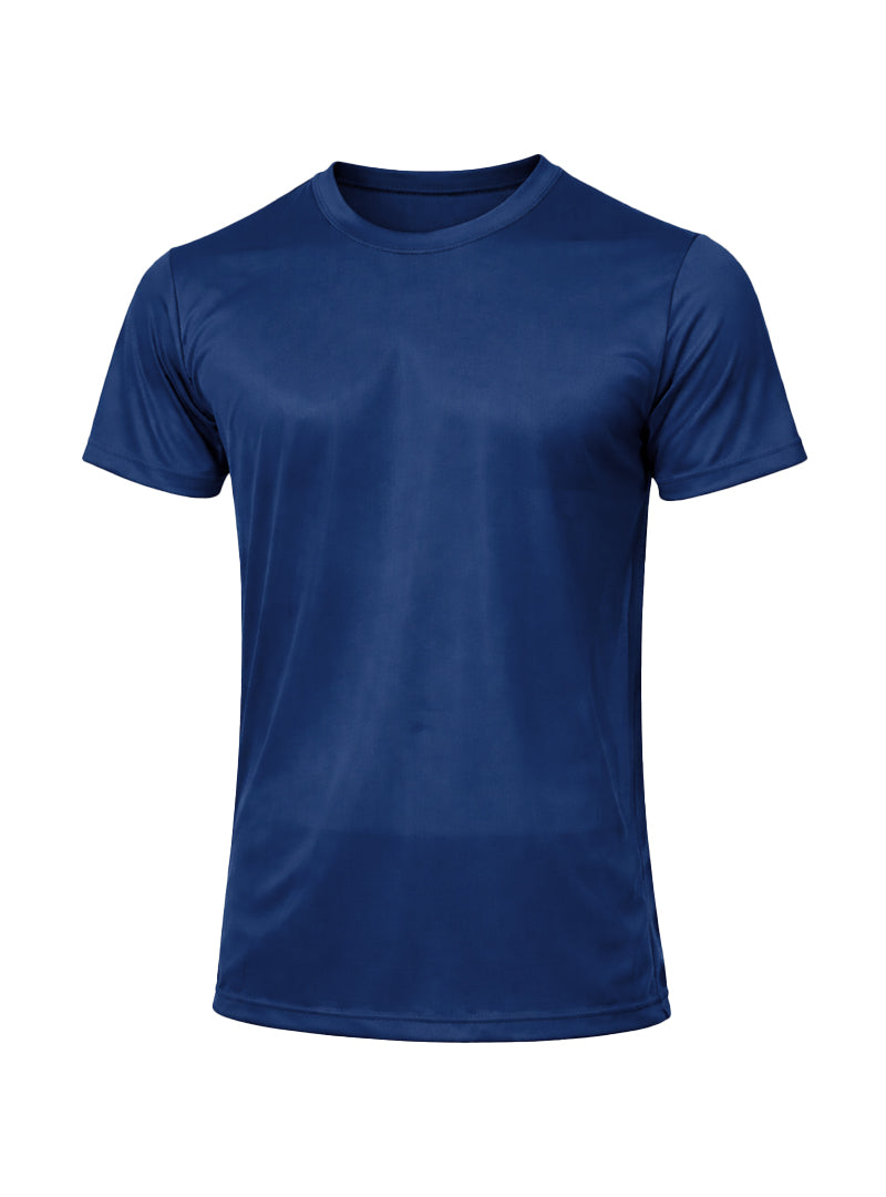 Navy blue nylon tricot short-sleeved crew neck t-shirt front view with smooth lightweight fabric for casual wear