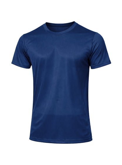 Navy blue nylon tricot short-sleeved crew neck t-shirt front view with smooth lightweight fabric for casual wear