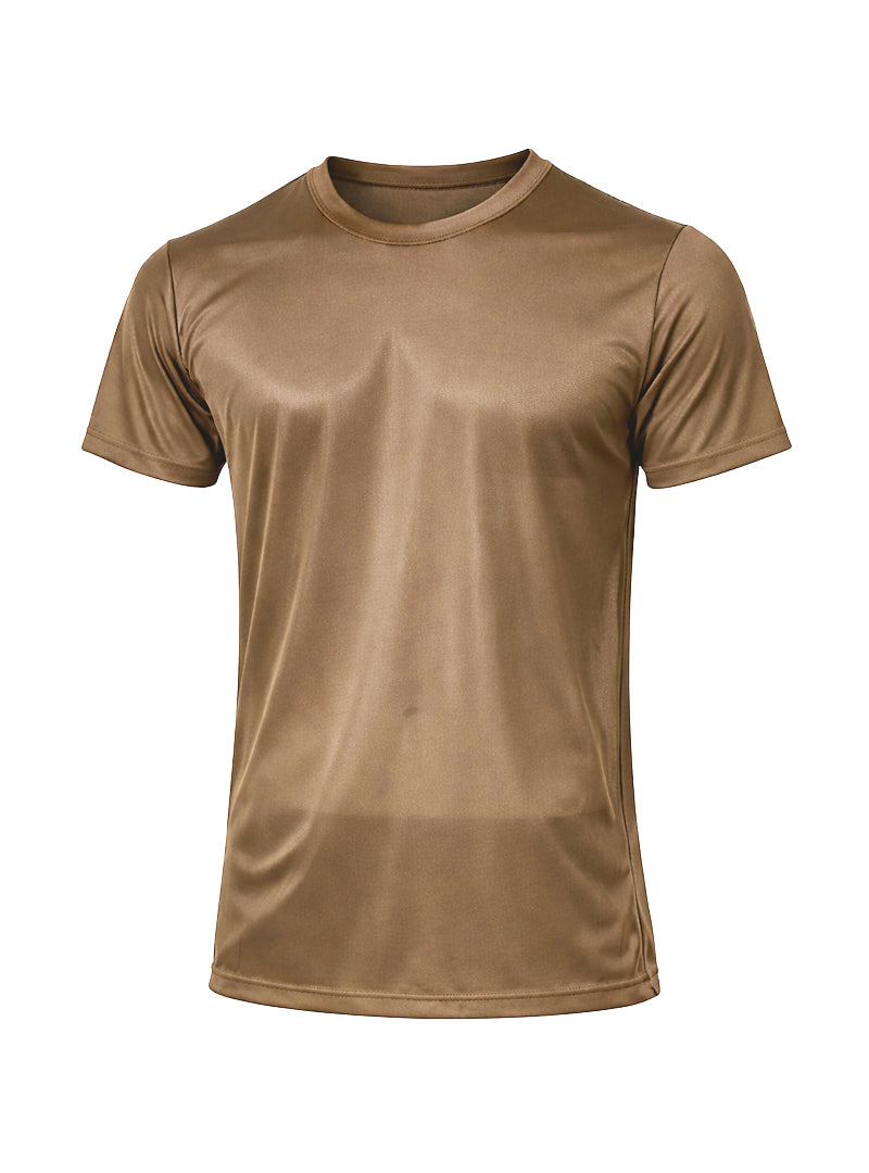 Tan short-sleeved nylon tricot crew neck t-shirt with smooth moisture-wicking fabric for performance use