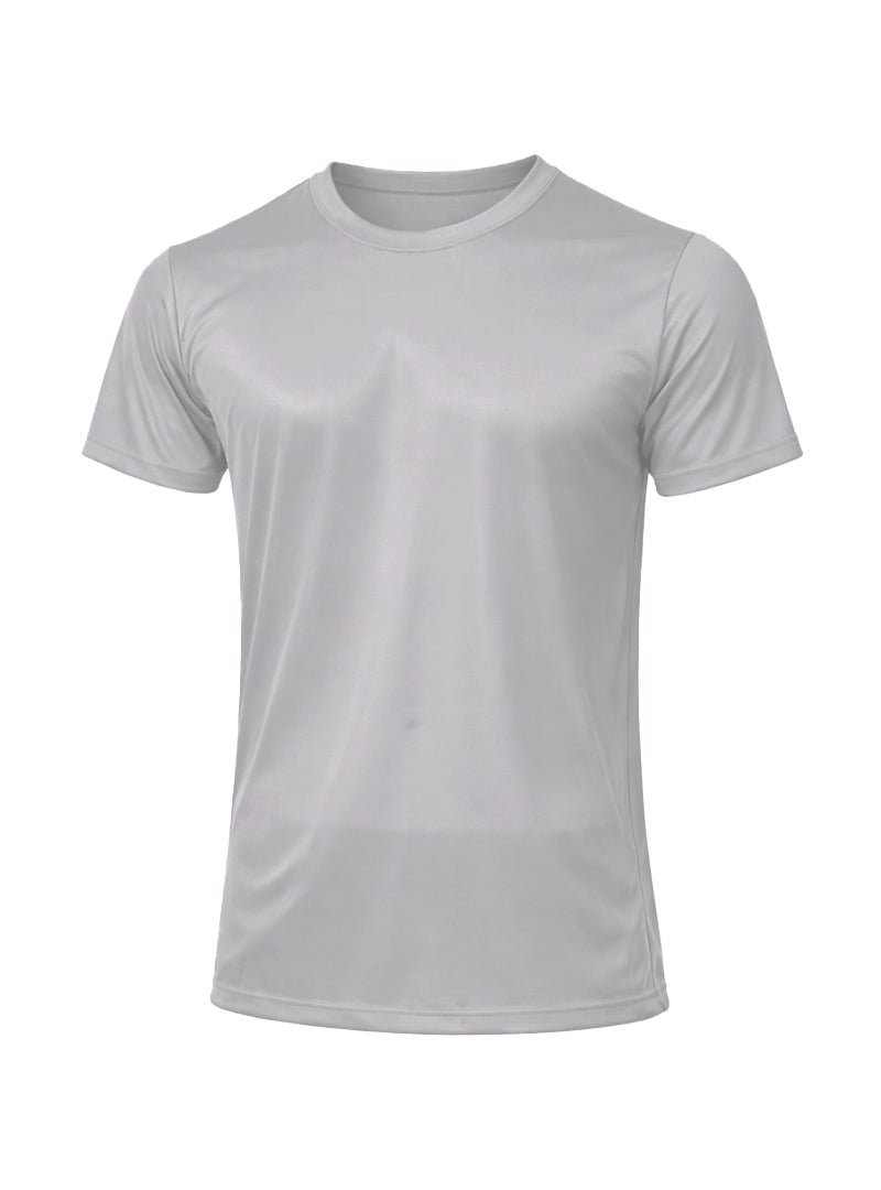 A plain white nylon tricot crew neck t-shirt with short sleeves made of smooth lightweight fabric