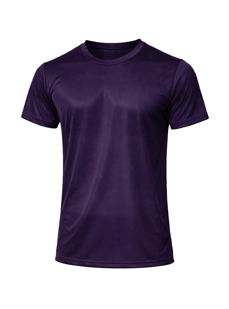 A solid purple nylon tricot crew neck t-shirt with short sleeves and smooth slightly shiny fabric