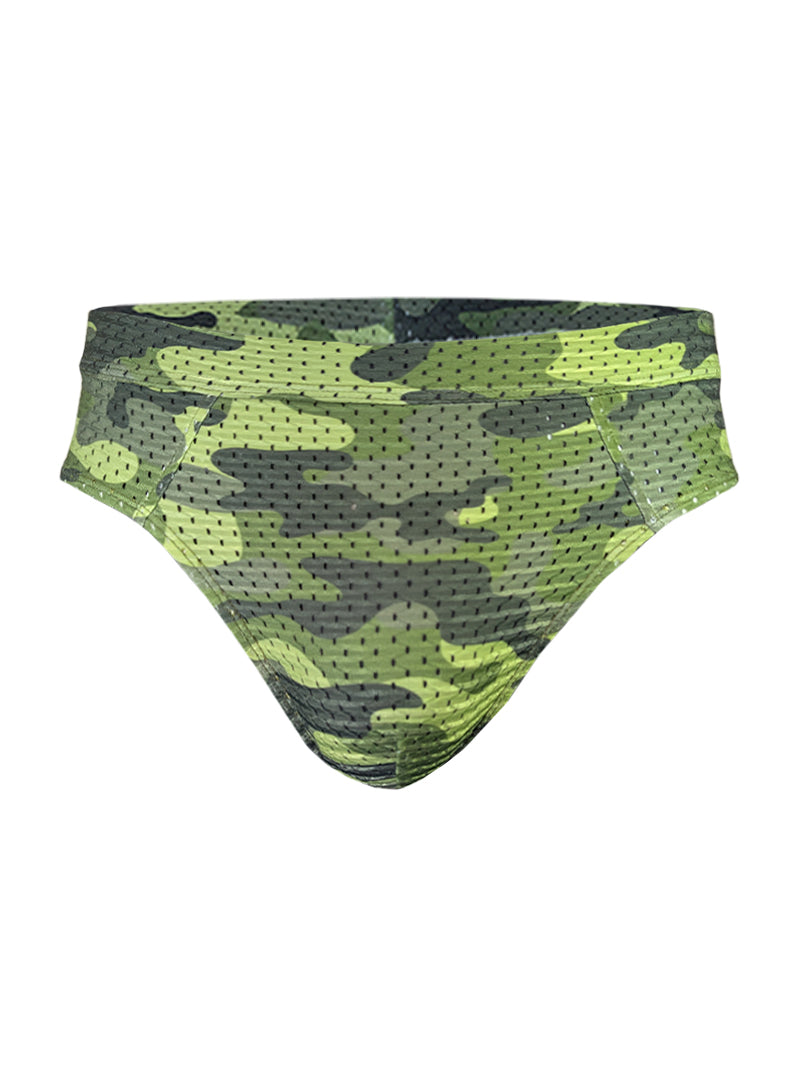 Nylux camo brief swim trunks in green and black camouflage perforated mesh fabric for quick drying and comfort