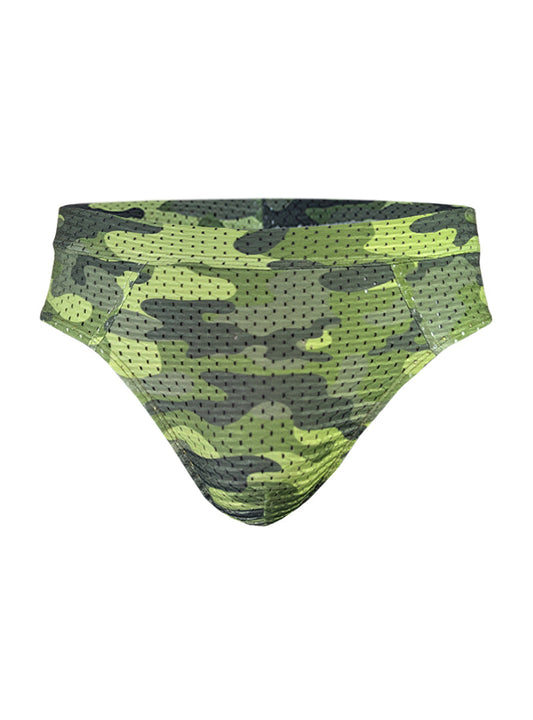 Nylux camo brief swim trunks in green and black camouflage perforated mesh fabric for quick drying and comfort