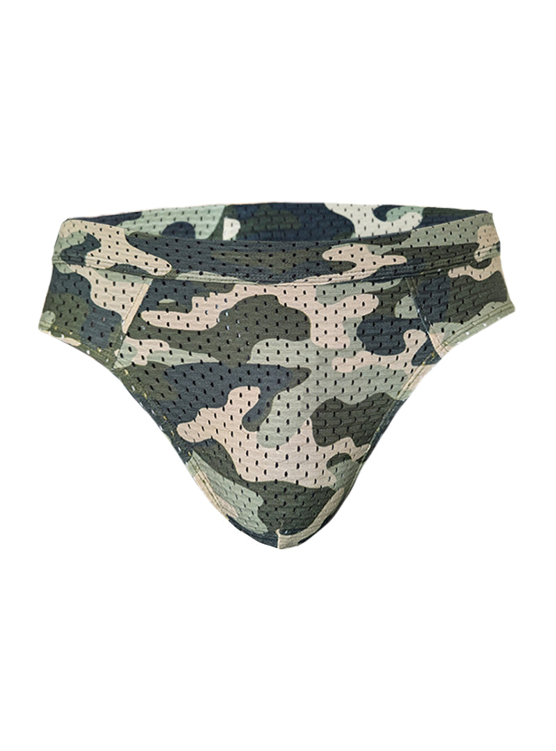 Nylux camo brief in camouflage mesh fabric with green beige and black shades for breathable everyday wear