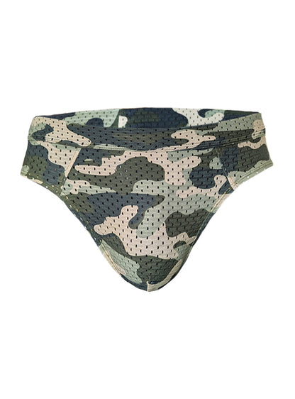 Nylux camo brief in camouflage mesh fabric with green beige and black shades for breathable everyday wear