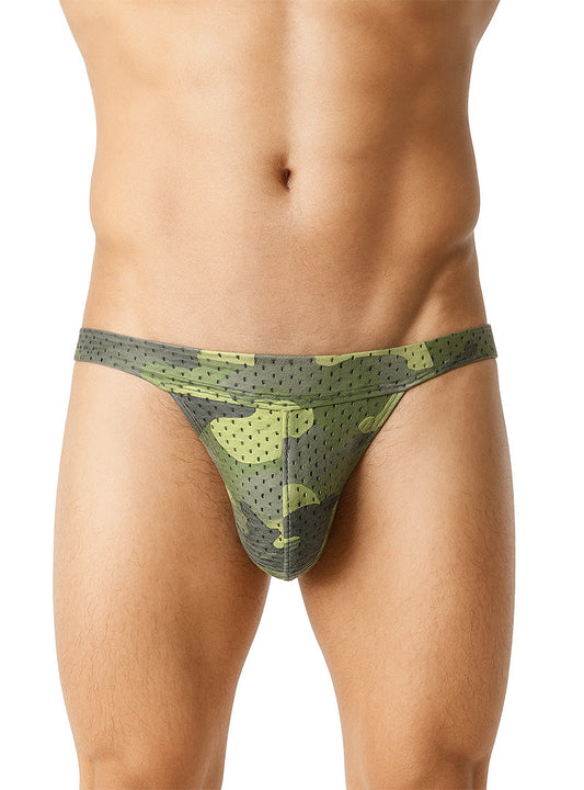 Green and olive camouflage mesh nylux camo jockstrap briefs with perforated design