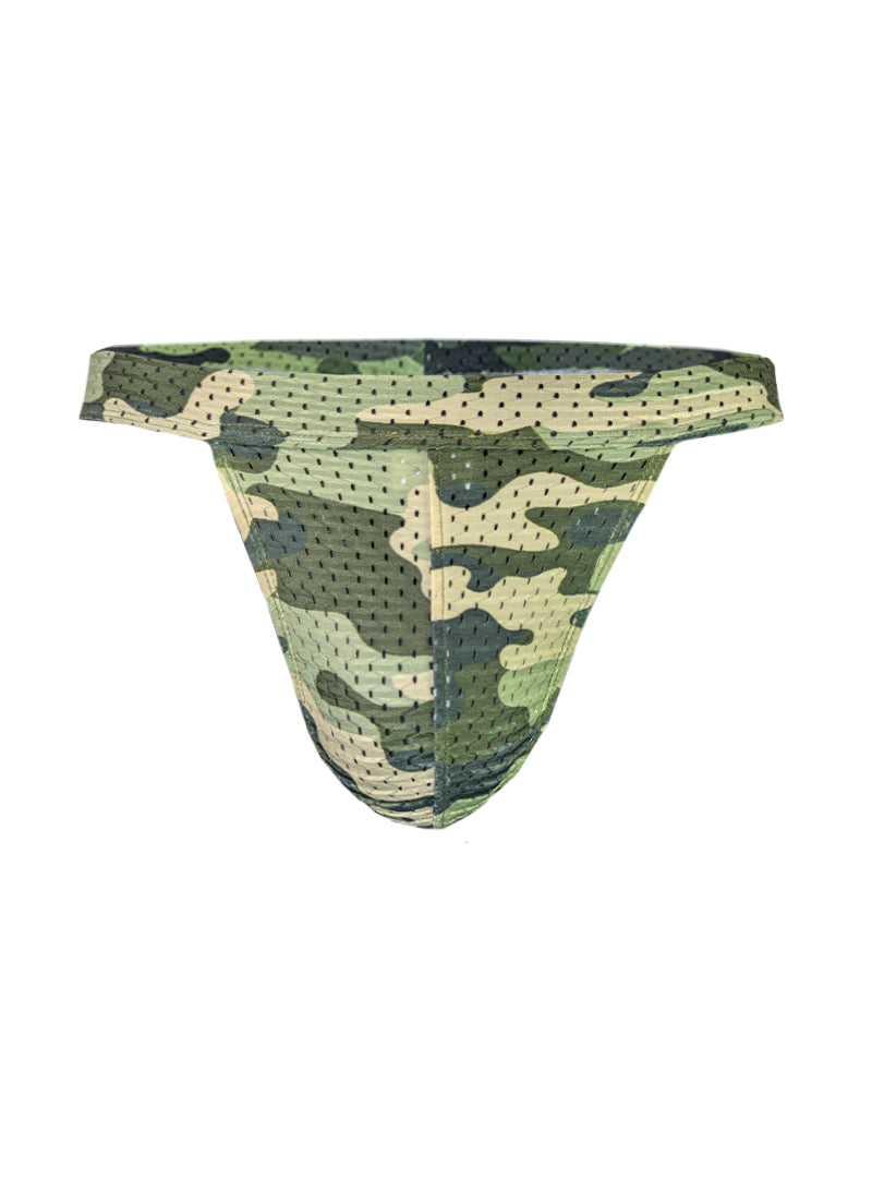 Green and beige camouflage patterned mesh briefs from nylux camo jockstrap with breathable material design