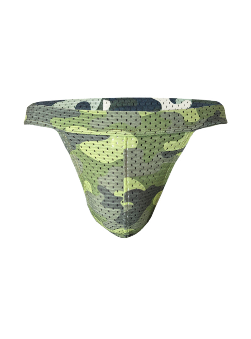Green and gray camouflage patterned mesh briefs nylux camo jockstrap showcasing breathable material and design