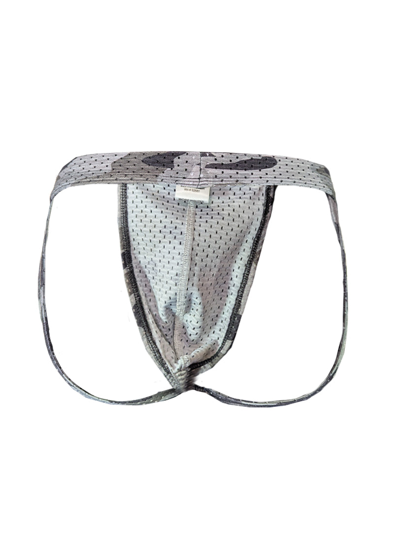 Gray mesh nylux camo jockstrap briefs with subtle black pattern and reinforced elastic waistband for athletic use