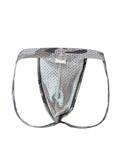 Gray mesh nylux camo jockstrap briefs with subtle black pattern and reinforced elastic waistband for athletic use