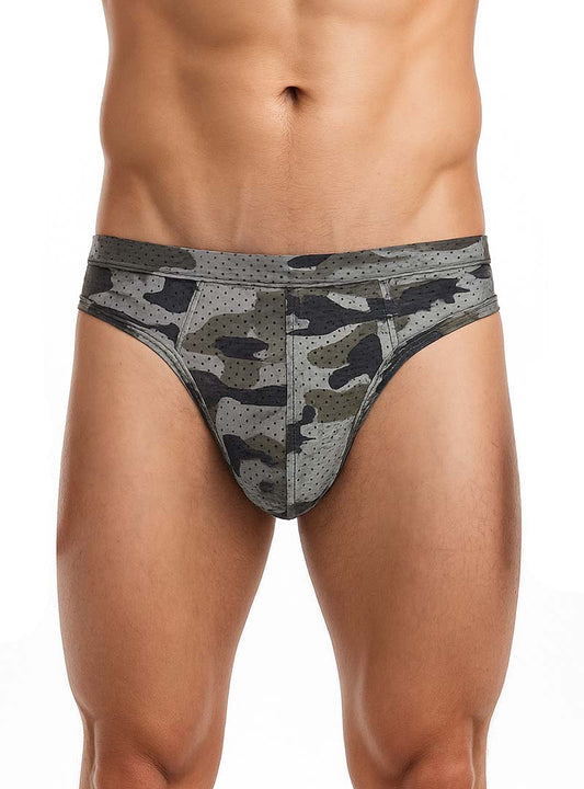 Gray and black nylon camo thong with perforated texture showcasing breathable lightweight material design