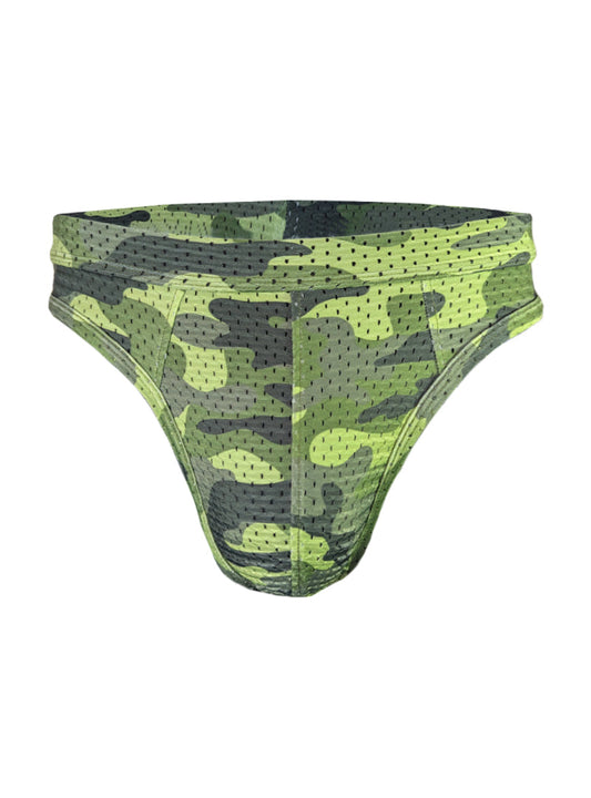 Green and black camouflage patterned mesh briefs nylux camo thong showcasing breathable lightweight fabric