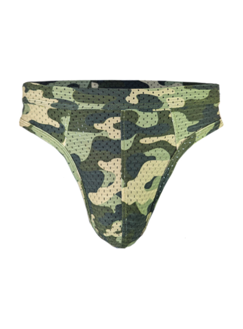 Green and beige camouflage nylux camo thong briefs with perforated mesh design for athletic use front view