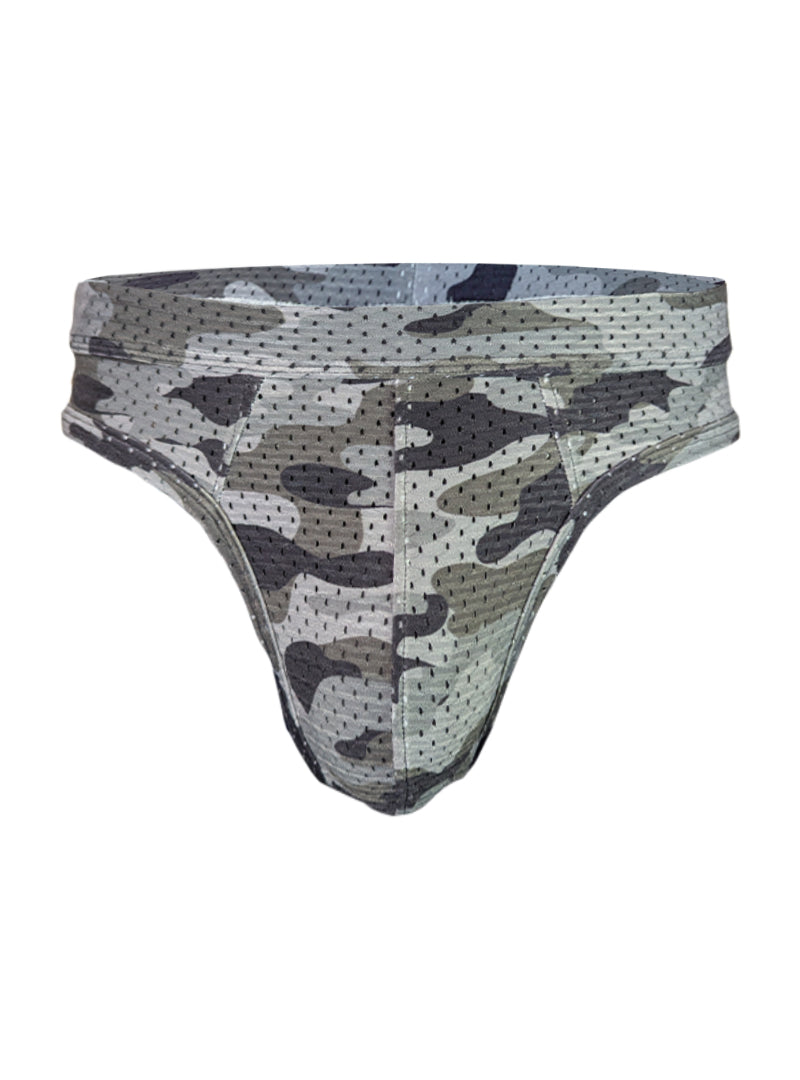 Gray and black camouflage mesh nylon nytux camo thong with perforated breathable design shown from the back