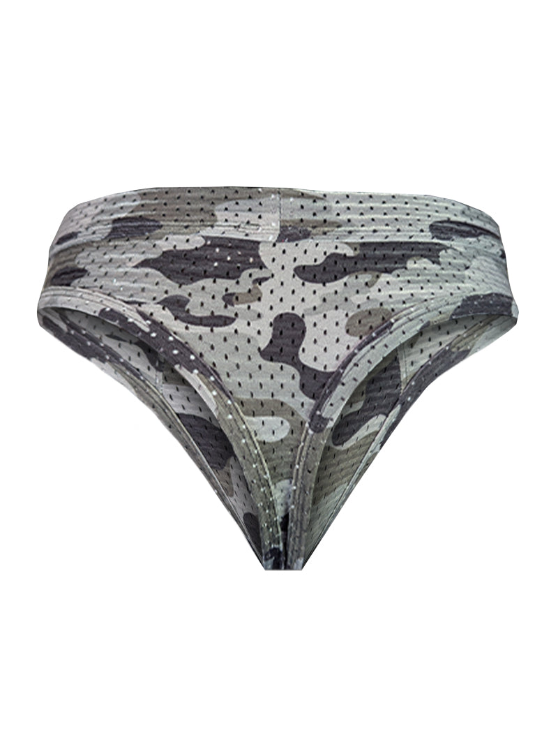 Gray and black camouflage mesh thong bikini bottom with perforated design nylon blend shown from the back side