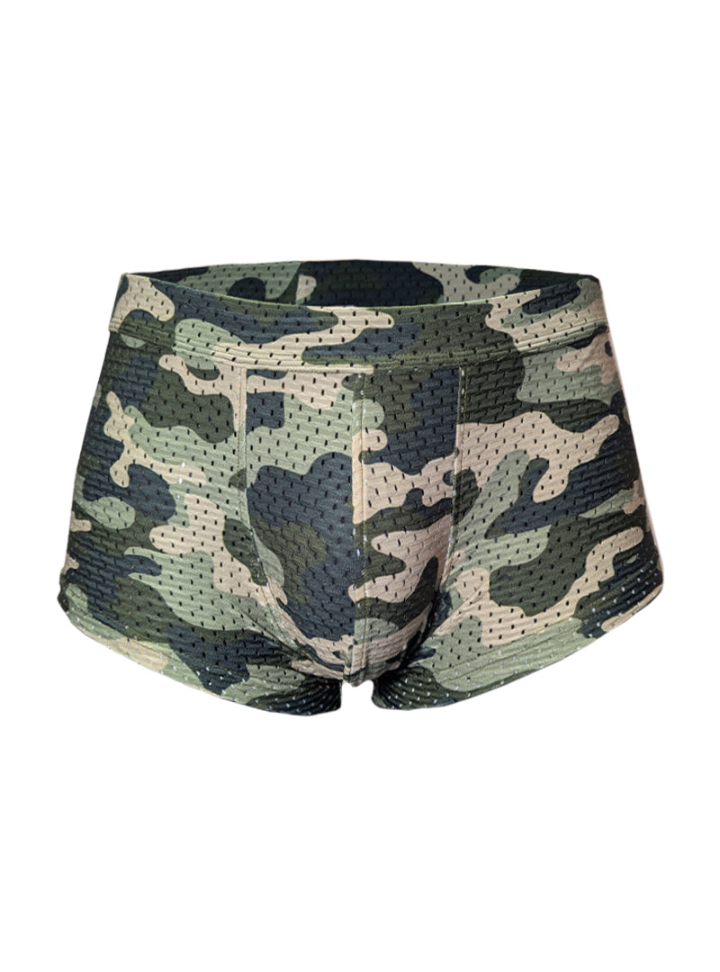 Green and beige camouflage-patterned mesh briefs nylux camo trunk made of breathable mesh material