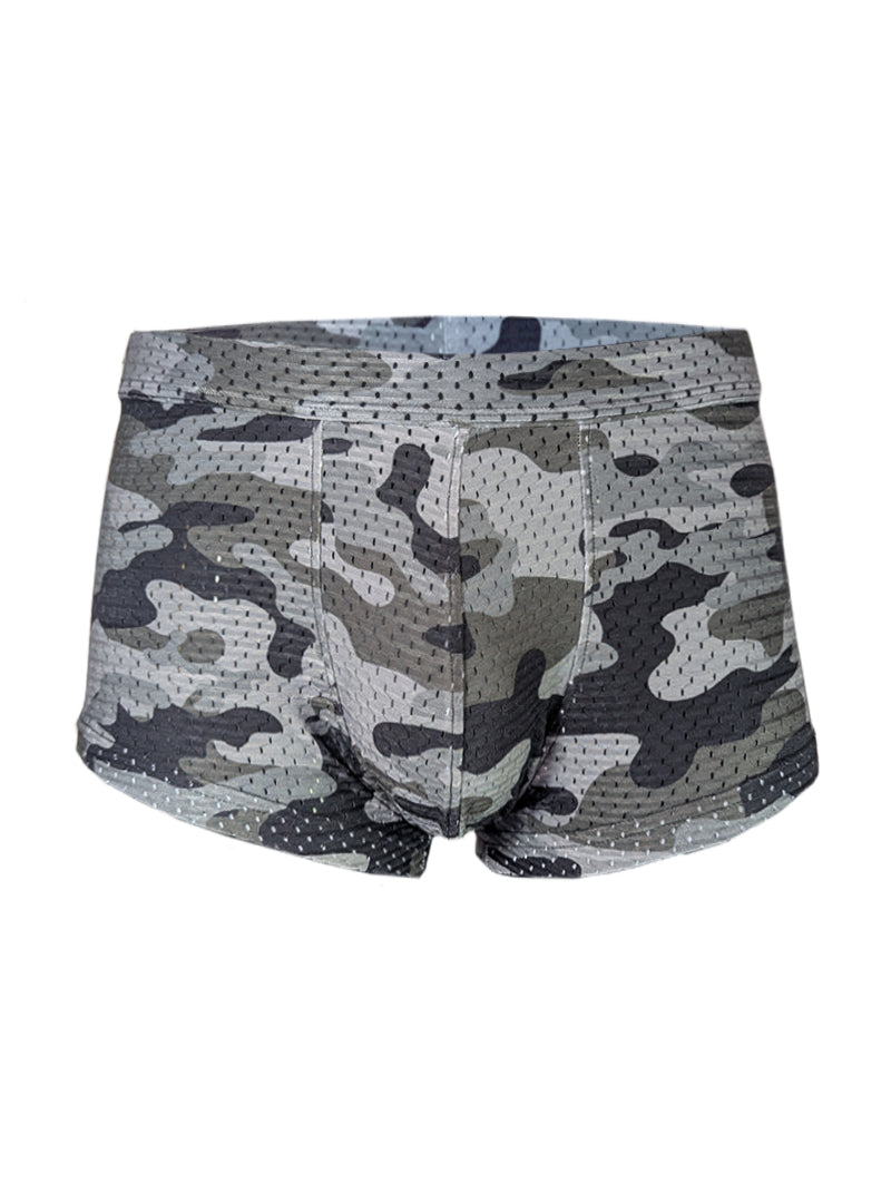 Gray and black camouflage patterned nylon mesh boxer briefs named nylux camo trunk for comfortable everyday wear