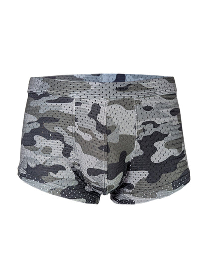 Gray and black camouflage patterned nylon mesh boxer briefs named nylux camo trunk for comfortable everyday wear